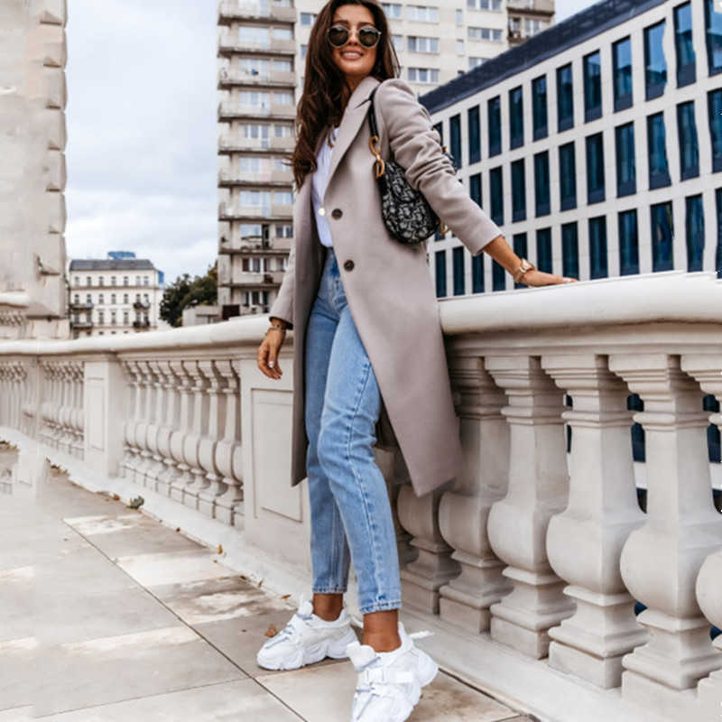 Autumn Winter Women Overcoat Casual Solid Lapel Slim Single Breasted Pocket Mid Length Coats Woman Trench Coat Plus Size Femmino 210526