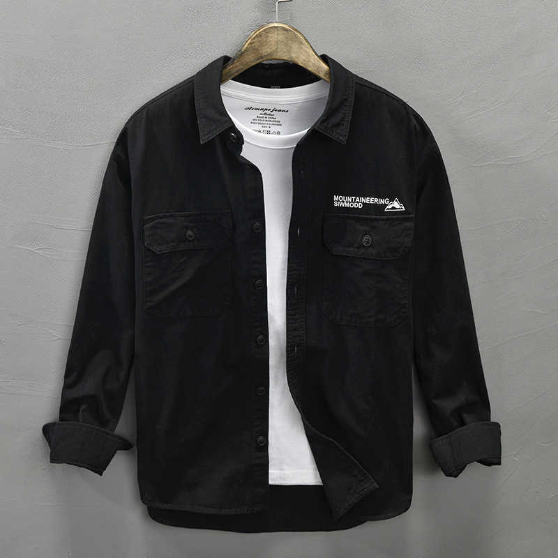 Letter Printed Long Sleeve Shirt for Men Pure Cotton Turn-down Collar Tops Male Casual Safari Style Loose Button Up Clothing 210601