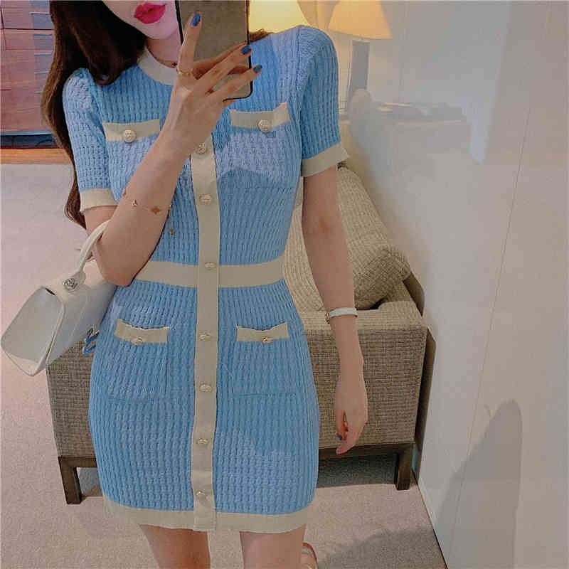 Women Sexy Elegant Vestidos Korean Short Sleeve Knitting Dresses Summer Hit Color Single-Breasted Mini Dress 210519