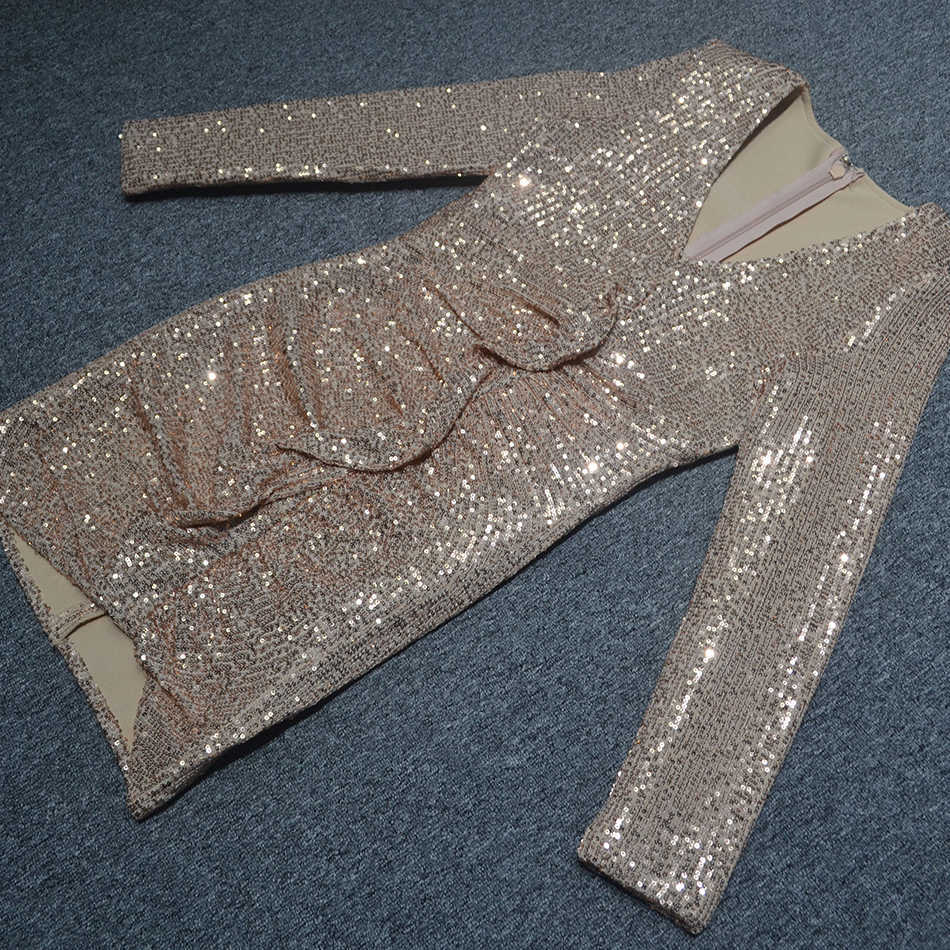 Summer Women's Gold Sequin Long Sleeve Mini Dress Sexy Ruffled V-neck Fashion Party Celebrity Runway Club 210527