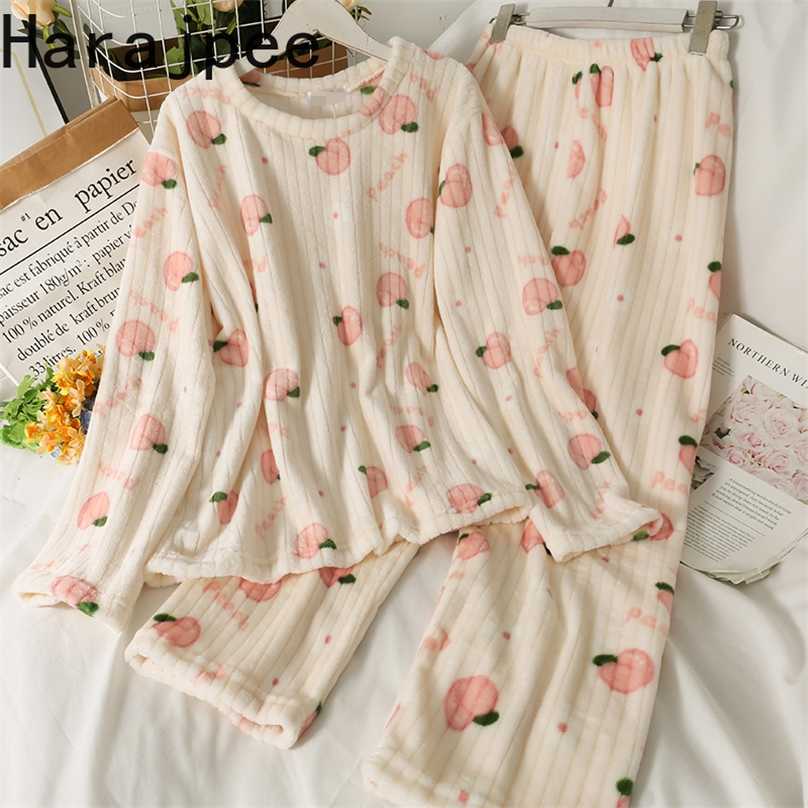 Harajpee Women's Pajama Autumn Winter Suit O-Neck Loose Thin Long Sleeve Pajamas Peach Printed Elastic Waist Straight Pants 211118