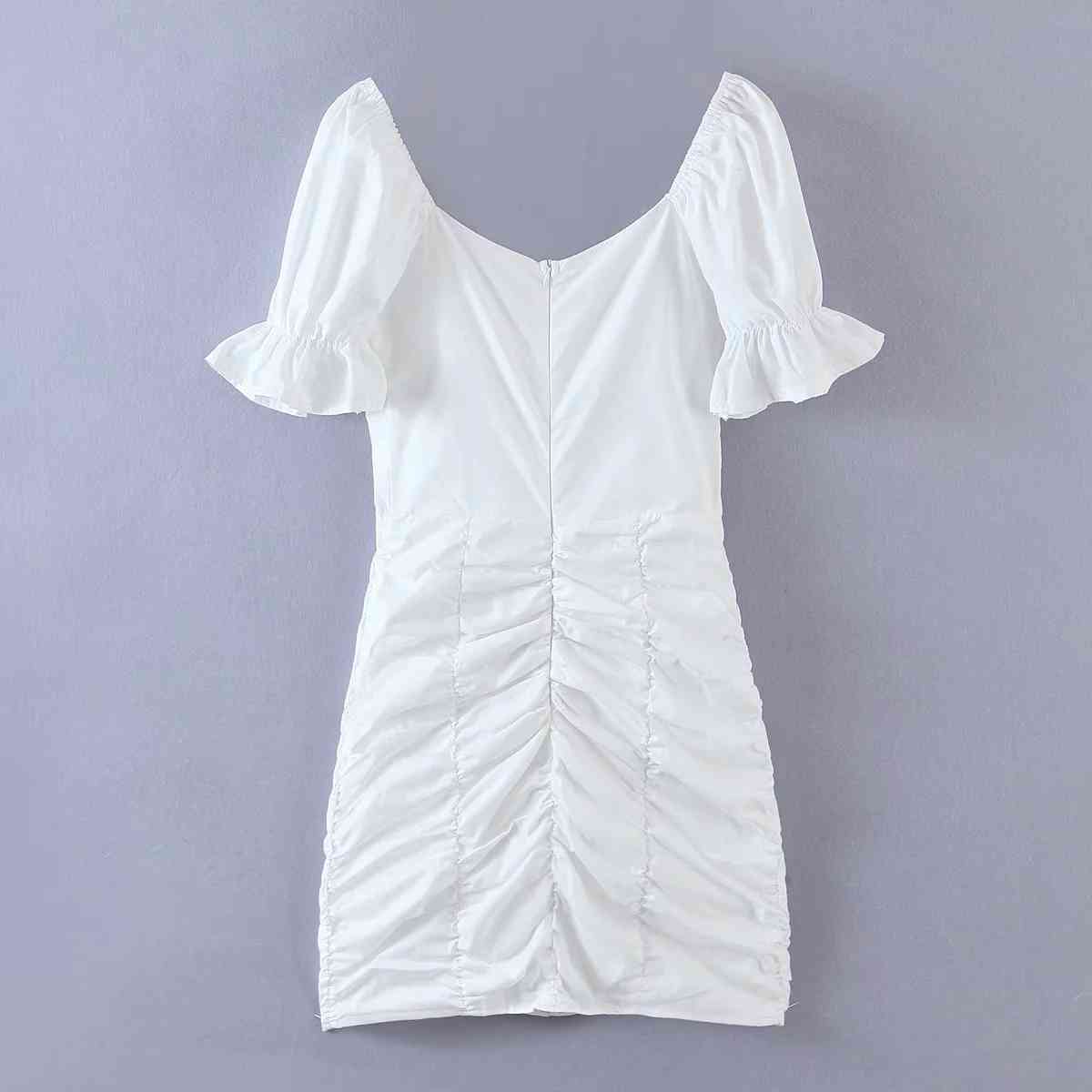 Women Puff Sleeve Bodycon White Mini Dress Summer Elegant Ruched Beach Short Dresses Single Breasted Vintage Holiday Female 210521
