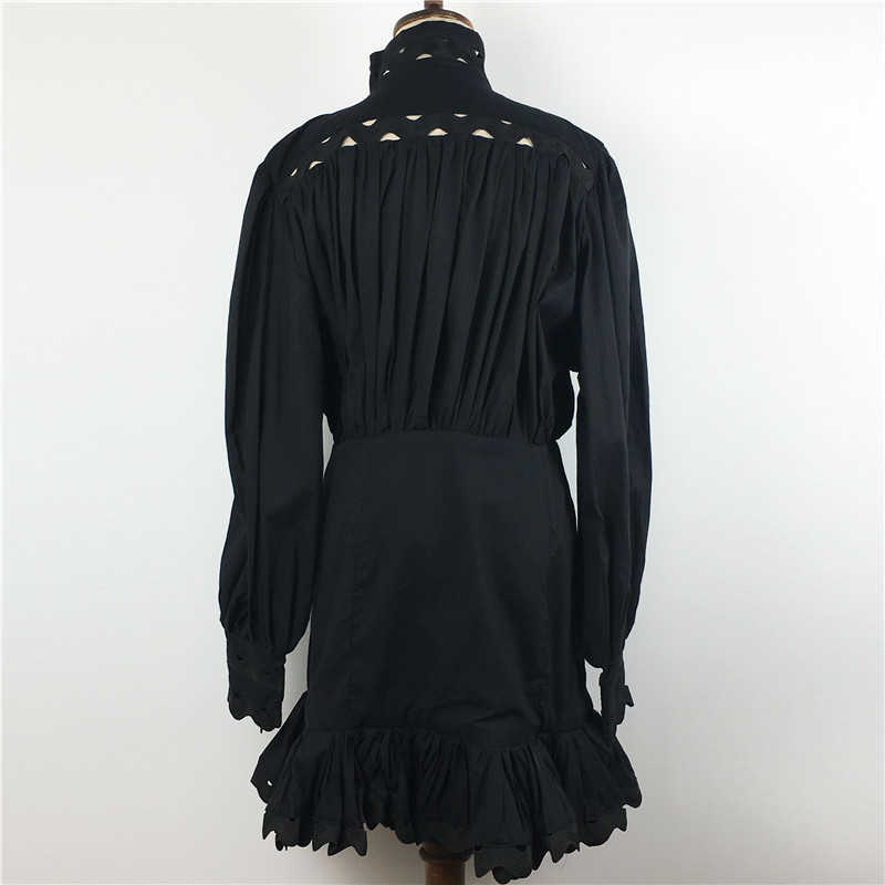 Spring Summer Dress Fashion Women Sexy Hollow Out Patchwork Lantern Sleeve Button Black White Shirt Mermaid Mini Dress 210630