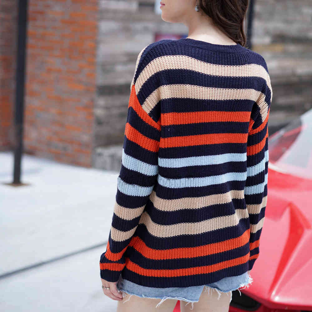 Women Fashion Autumn Striped Knitted Pullover Casual Loose Rainbow Sweater Female Retro Batwing Sleeve 210428