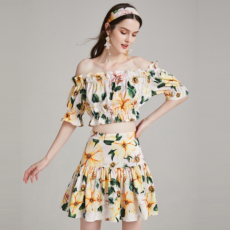 runway stylish yellow flower printed ruched slash neck short summer tops women mini skirt two pieces set lady fashion 210421