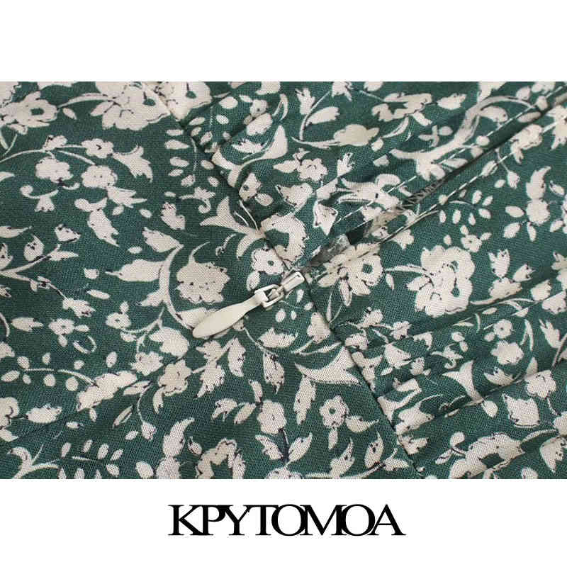 Women Chic Fashion Floral Print Gathered Midi Dress Short Ruffled Sleeves Back Zipper Female Dresses Mujer 210420