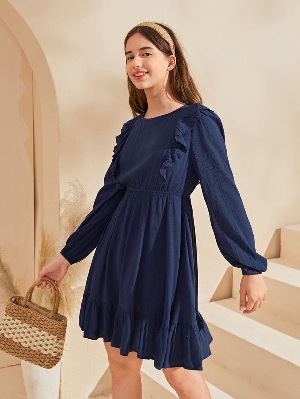 Teen Girls Ruffle Trim Smock Dress SHE