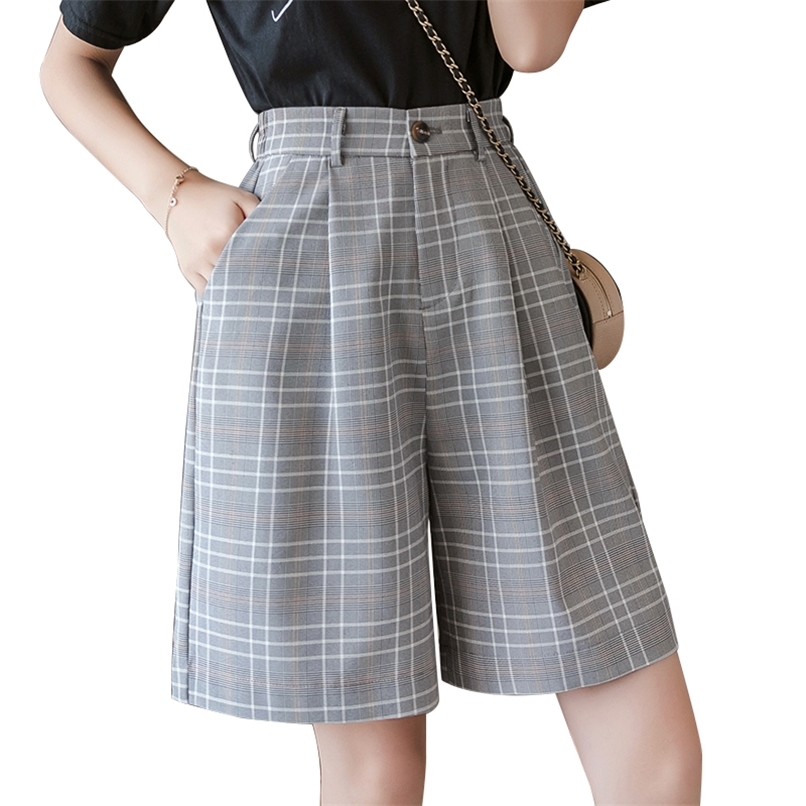 S-3XL Sashes Booty Shorts High Waist Summer Vintage Plaid Wide Leg Suits Short Women Elegant All Match Straight Belt Girl 210601