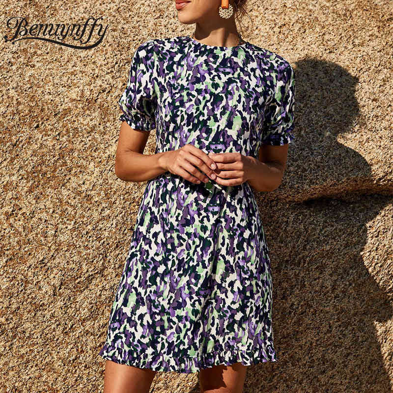 Crew Neck Frill Trim Hem Short Sleeve Dresses Women Fashion Casual Summer High Waist Female Print Mini Dress 210510