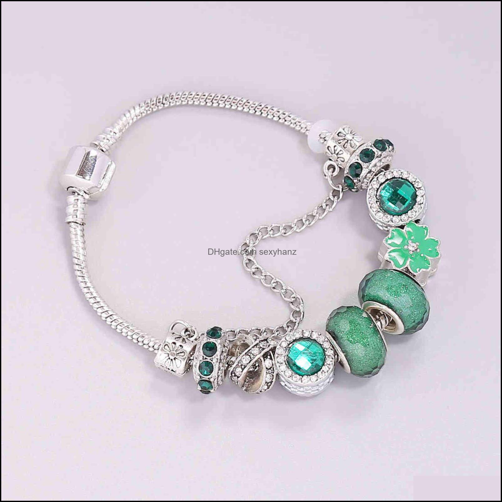 Link, Chain Bracelets Green Glazed Flower Female Beaded Diy Bracelet Pan Family Jewelry B299 Drop Delivery 2021 5Ynhk