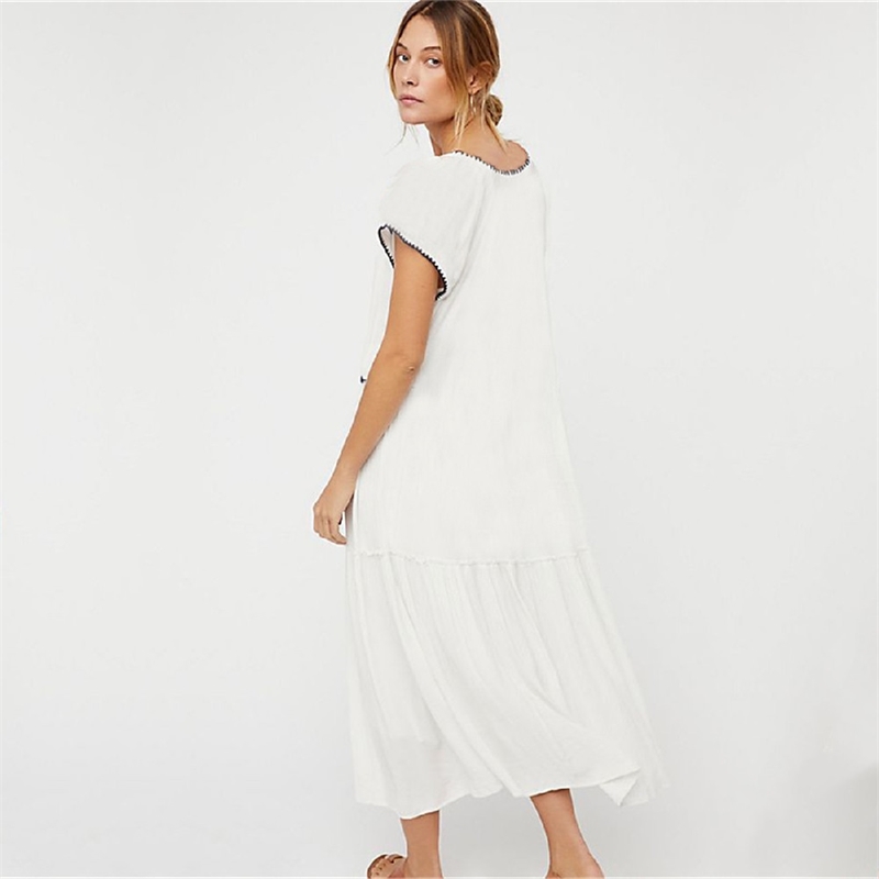 Embroidery Cotton Beach Cover up Tunic for Bathing suit Women Sarong Pareo Swim Dress #Q582 210420