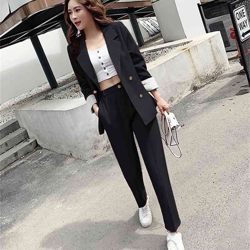 Work Pant Suits Office 2 Piece Sets Double Breasted Blazer Jacket coat + OL Trousers Suit For Women Set Feminino 210519