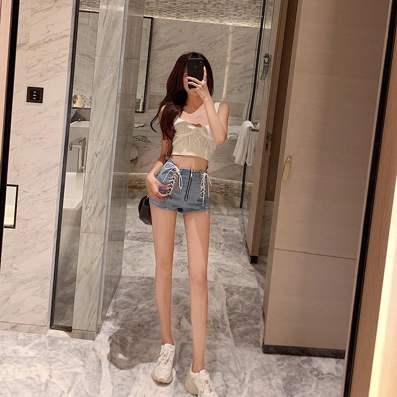 Summer High Waist Denim Shorts Women Fashions Cross Bandage Zipper Sexy Female Skinny Lace-Up Korean Stretch Jeans Women's