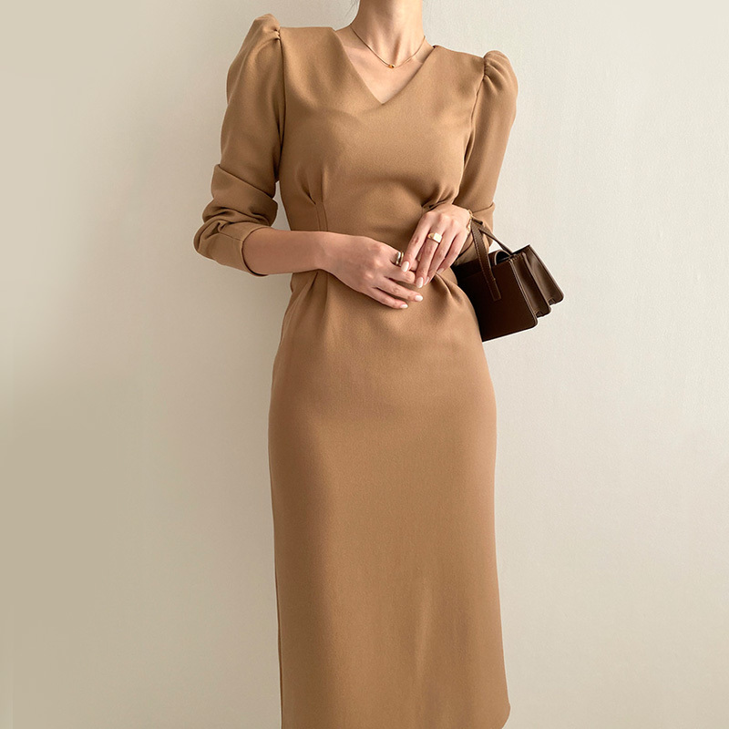 Fashion V-neck High Waist Women Dress Vintage Puff Sleeve Pleated Pencil Dresses Female Korean Chic Long Vestido De Mujer 210519