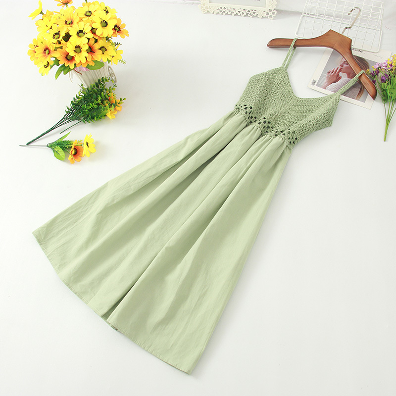 Summer Spaghetti Strap Dress Women Sexy Sleeveless Crochet Hollow Out Vestidos Beach A-line Dresses High Waist 26030 210519