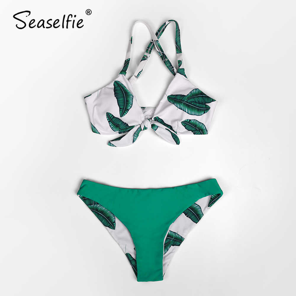 SEASELFIE Sexy Green Leaf Print Bowknot Bikini Sets Swimsuit Reversible Bottom Two Pieces Swimwear Women Beach Bathing Suit 210611