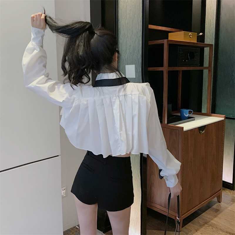 High Waist Short Women Blouse Bowknot Turn-down Collar Long Sleeve Shirt Spring Crop Top Blusas Mujer 6F326 210603