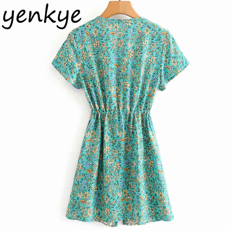 Floral Print Boho Beach Dress Women V Neck Short Sleeve Dress Drawstring Waist A-line Casual Holiday Summer Dress Short Sundress 210515