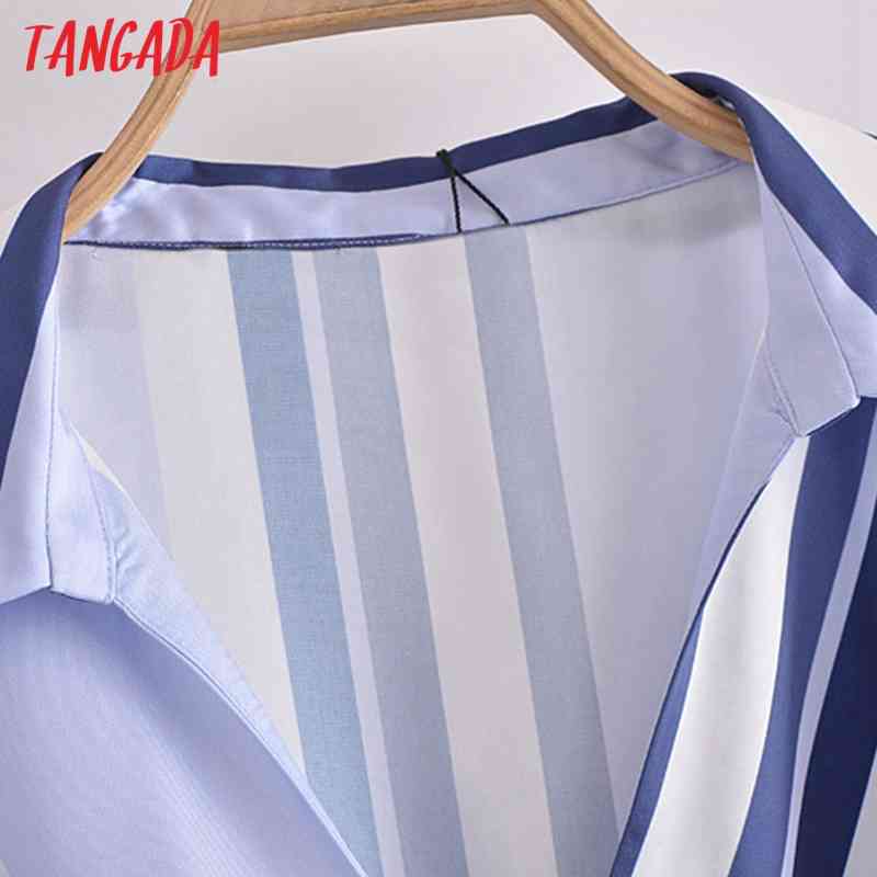 Women Blue Striped Print Summer Blouse Short Sleeve Chic Female Crop Shirt Blusas Femininas JE17 210416