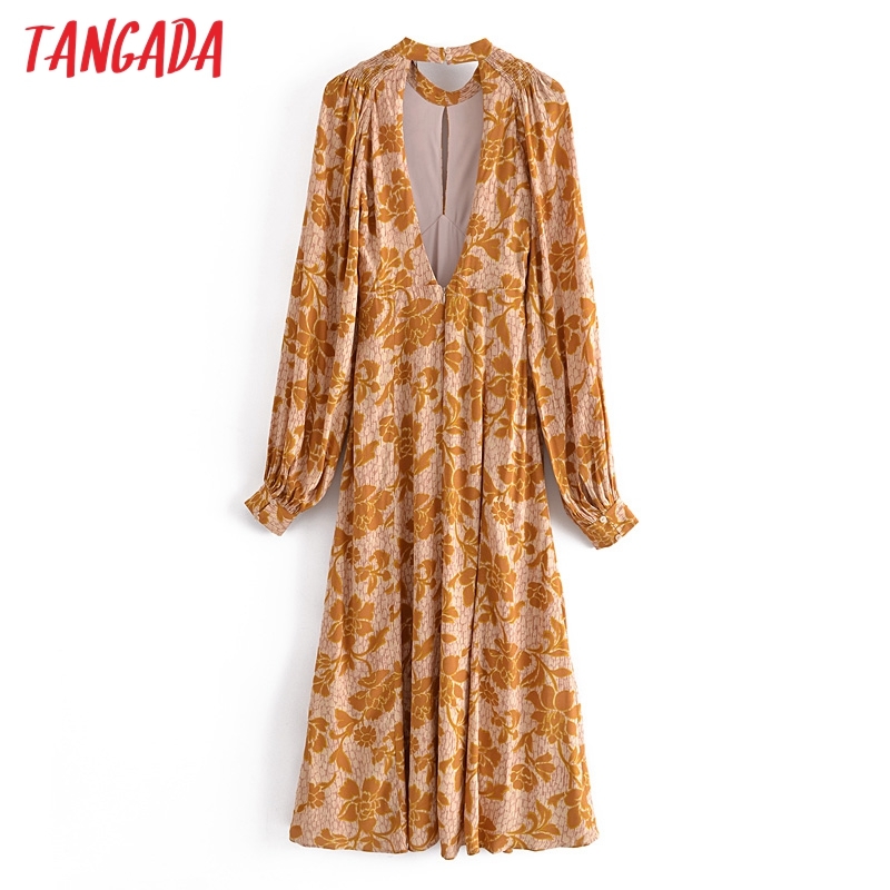 Fashion Women Flowers Print Backless Sleeve Casual Female Long Dress 3H197 210416