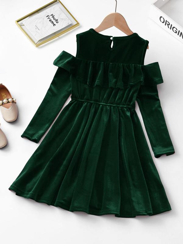 Girls Cold Shoulder Ruffle Trim Bow Velvet Dress SHE