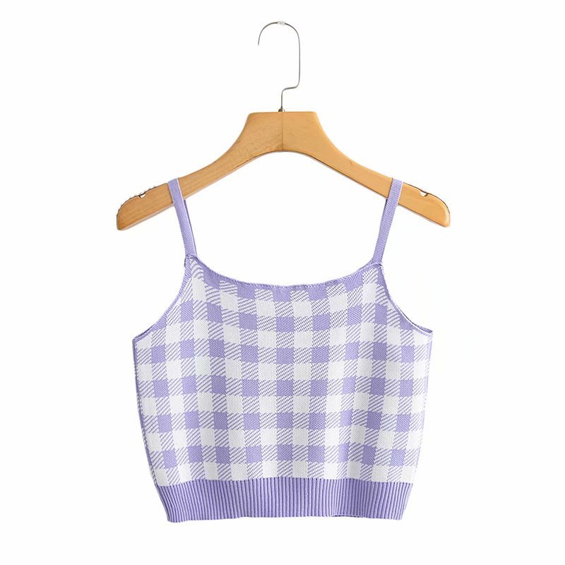 Small Fresh Word Collar Sleeveless Women Camisole Vintage Fashion Sweet Knitted Plaid Chic Female Tops 210507