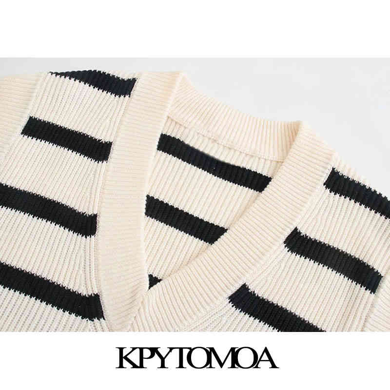 Women Fashion Oversized Striped Knitted Vest Sweater V Neck Sleeveless Female Waistcoat Chic Tops 210420