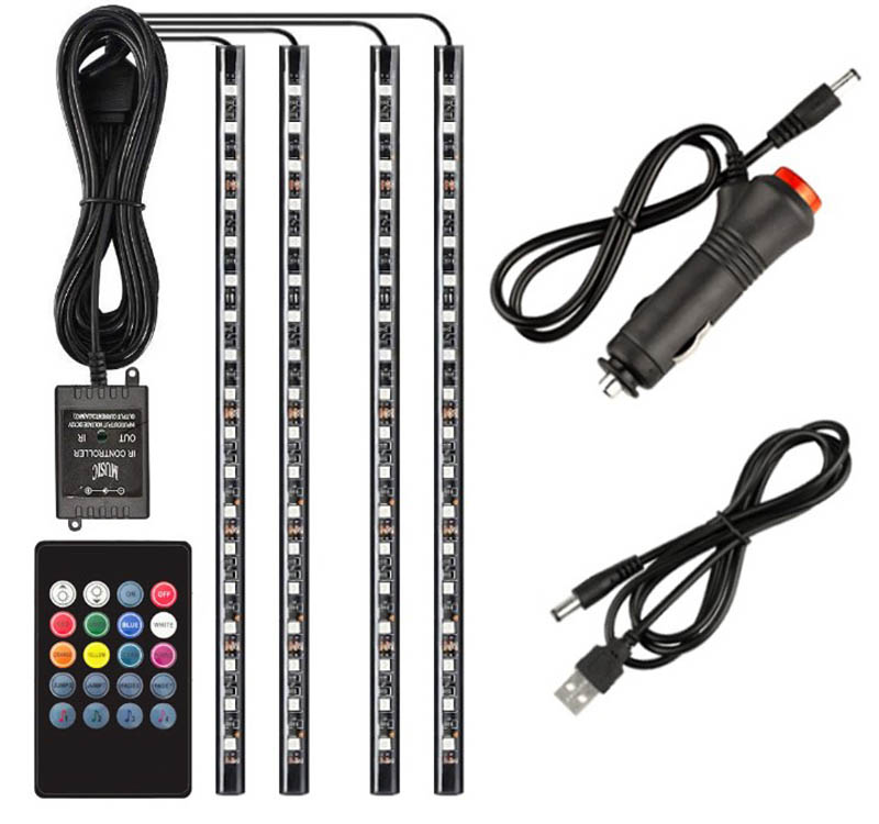 4Pcs/Set Car Styling RGB Lights 36leds 72leds Strip Light Decorative Atmosphere Lamps Auto Interior Accessories With Remote Control