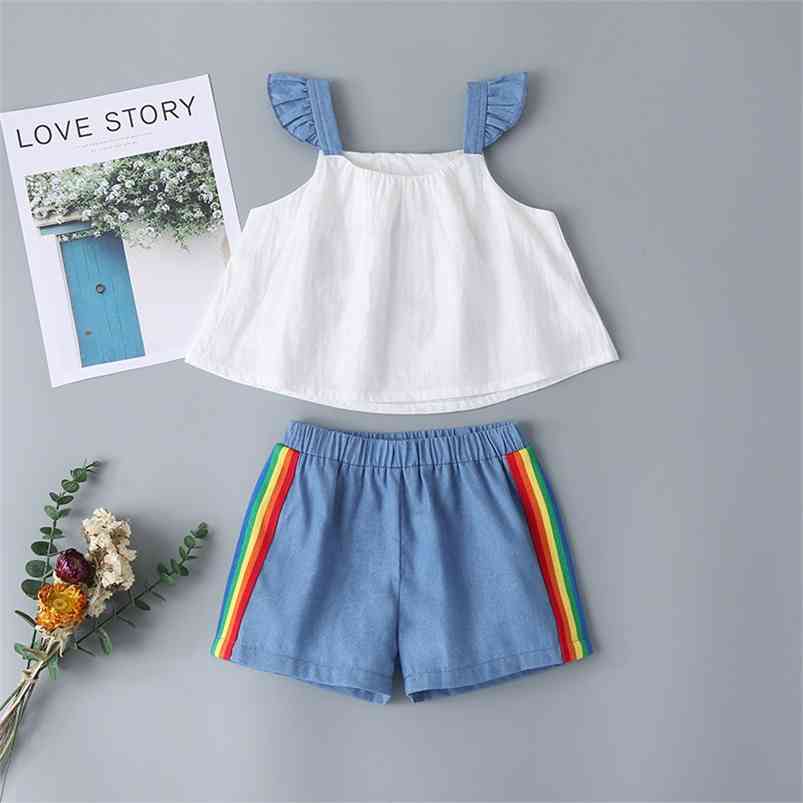 Girls Clothes Sets For Kids Cute Blue Strap White Tops Rainbow Embroidery Denim Shorts Summer 210629
Girls Clothes Sets For Kids Cute Blue Strap White Tops Rainbow Embroidery Denim Shorts Summer 210629
