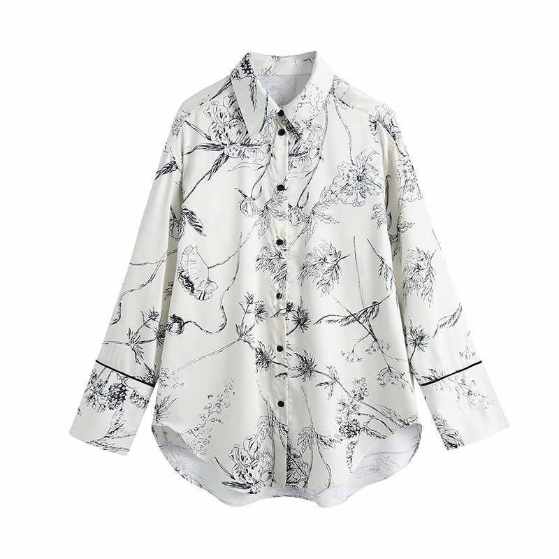Blouse Women Sketch Print Shirts Fashion Ladies Turn Down Collar Satin Tops Streetwear Female Chic Loose Blouses 210628