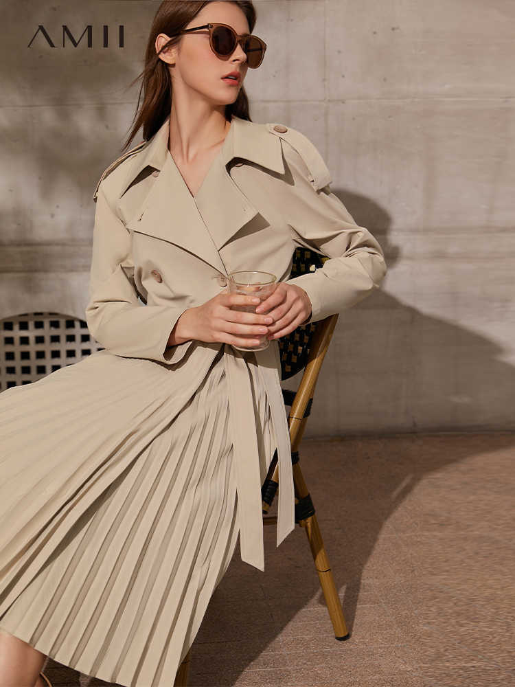 Minimalism Spring Women Trench Coat Causal Solid Pleated Double Breasted Belt Women's Windbreaker Female 12170009 210527