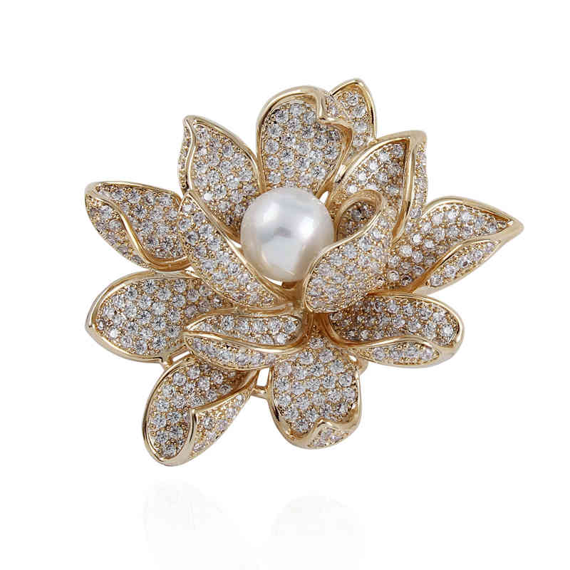 Elegant Lady Lotus Brooch Real Gold Plating High-grade Zircon Anti Light Pin Accessories