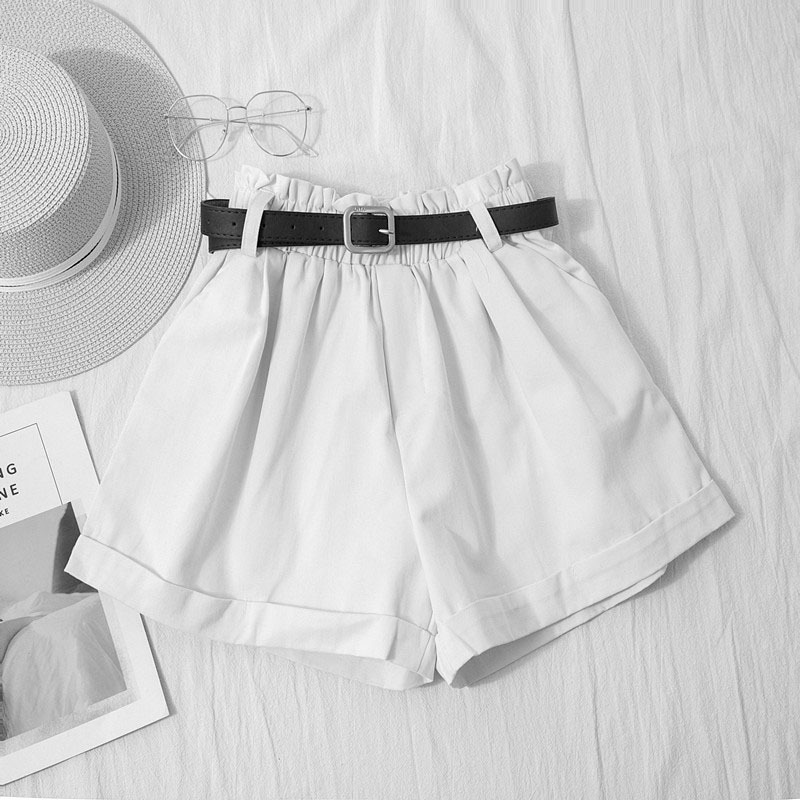 Women Summer High Waist Wide Leg Shorts With Belt Korean Fashion Solid Black White Yellow Cotton Short Pants Casual Beach Ruffle 210510