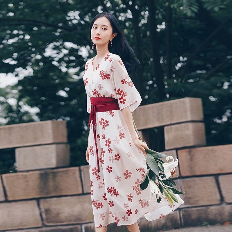 Retro Chiffon Dress Summer Women High Waist Chinese Style Bow Half Sleeve Mid-Calf Dress Floral Print Fashion Clothing 210521