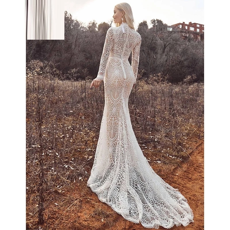Vintage Crochet Lace Bohemian Wedding Dresses 2022 High Neck Long Sleeve Pastrol Mermaid Fishtail Bridal Gowns robe de mariée
