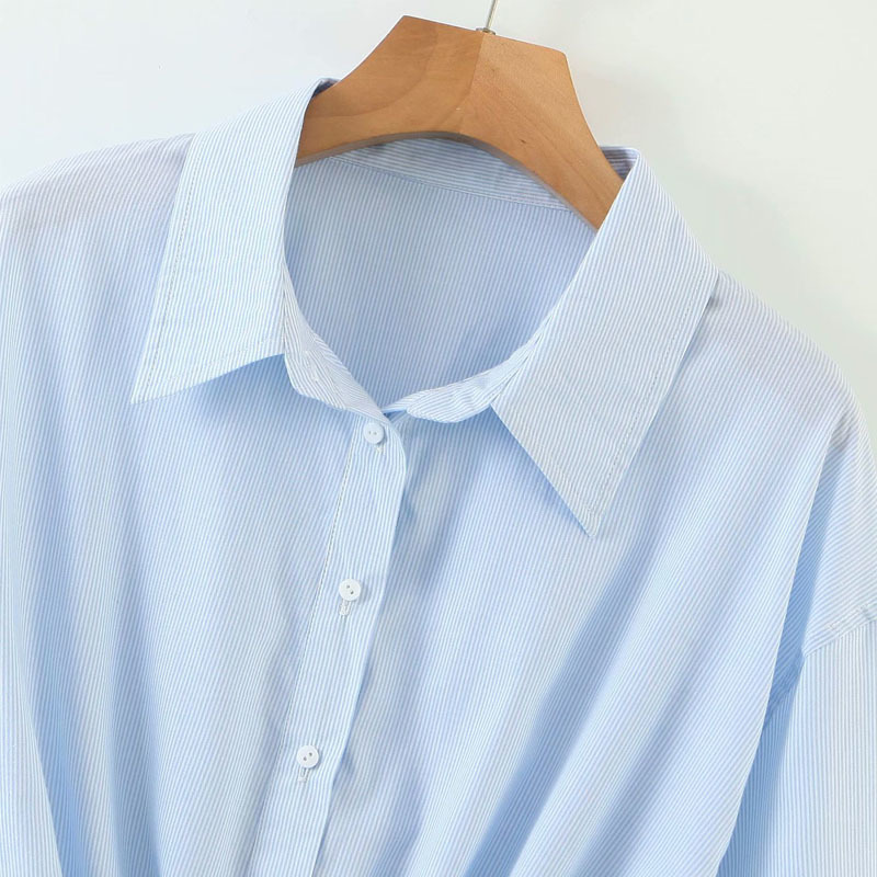 Lapel Long-sleeved Single-breasted Blue Summer Short Exposed Navel Women's Shirt Loose Thin Leisure Vacation Chic Female Tops 210507