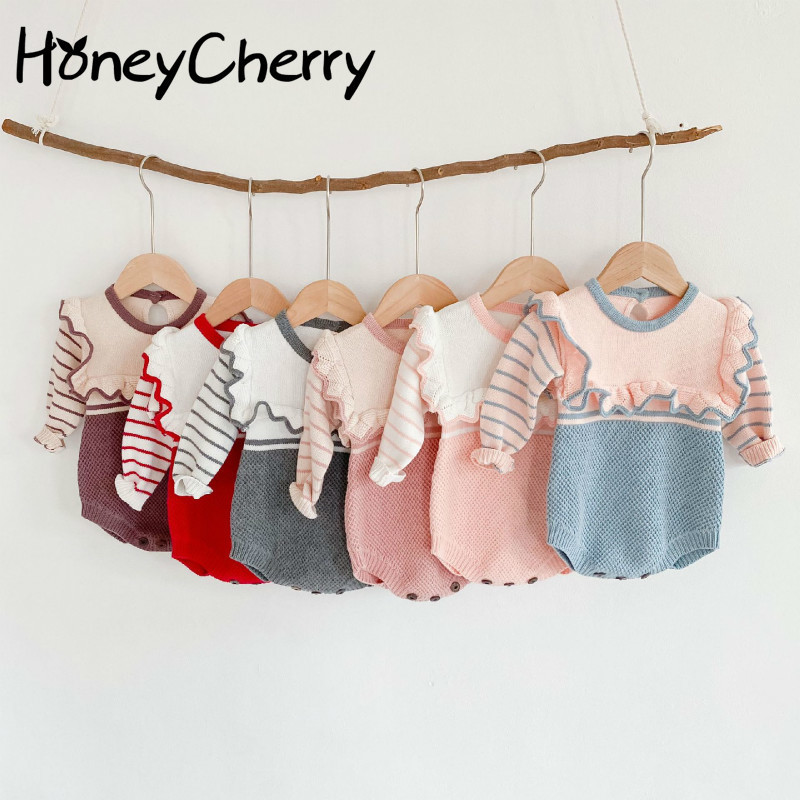 Autumn Girl Baby Bodysuits Lace Stitching Striped Wool Suit Crawling Clothes 210515