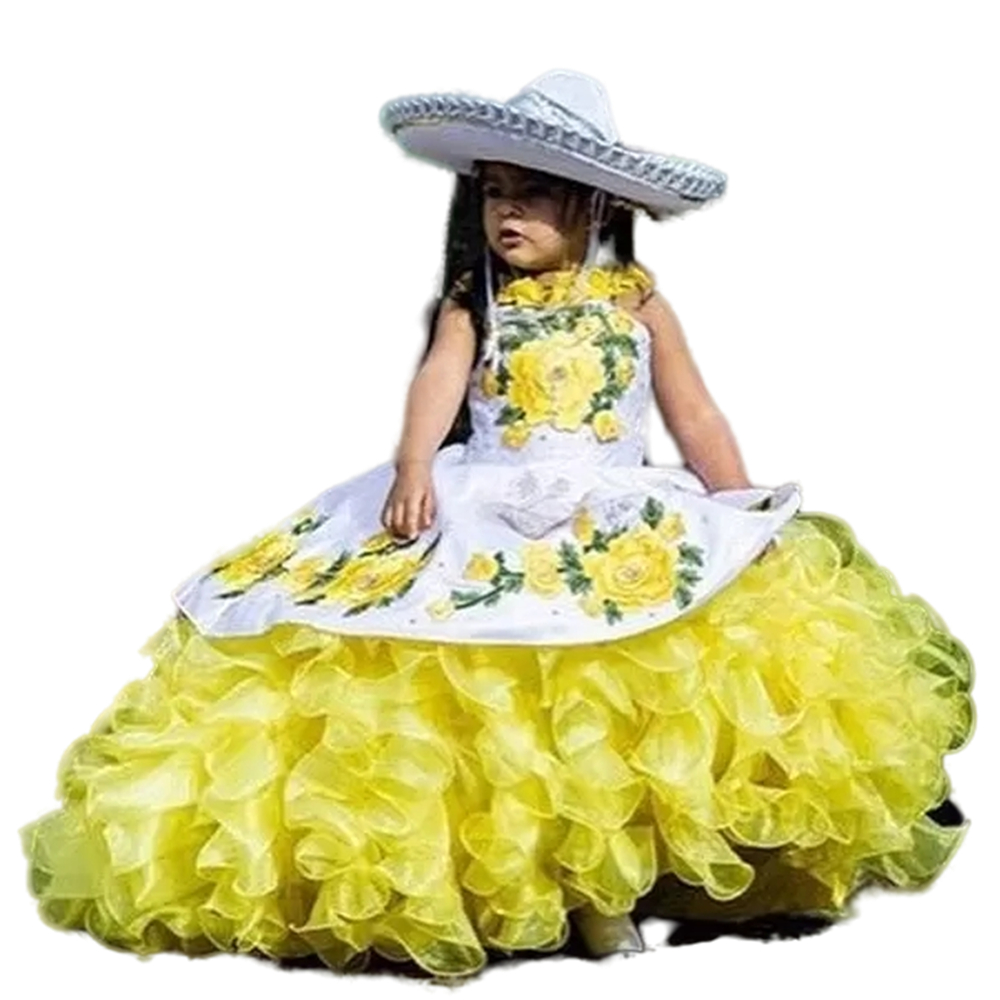 Cute Mexican White And Yellow Ball Puffy Flower Girls Dresses Straps 3D Floral Flowers Embroidery Lace Appliques Kids First Communion Dress Brithday P