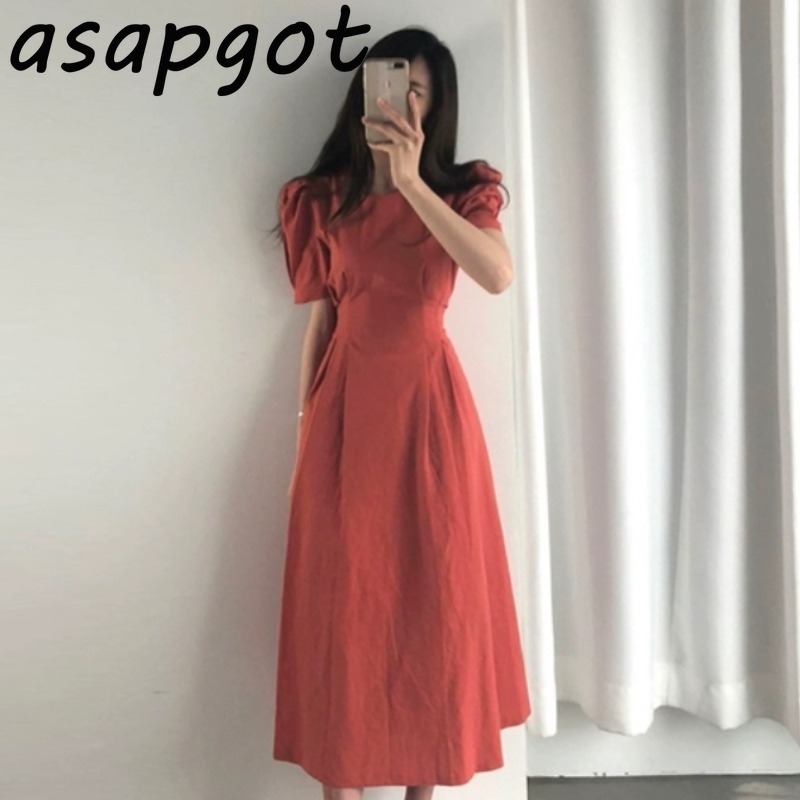 Minimalist Korean Chic Slim Lace Up Waist Solid Plus Size White Puff Sleeve A Line Cotton Linen Dress Women Vestido De Mujer 210429