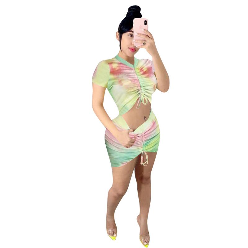 Summer Festival Clothes Women 2 Pieces Skirt Lounge Set Short Sleeve Tie Dye T Shirt Top + Bodycon Skirts Party Club Chic Suit Two Piece Dre