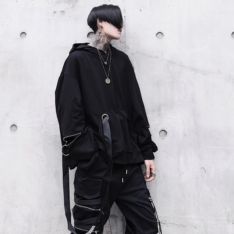 Autumn Winter Street Hip Hop Techwear Oversized Hoodie Men Sleeves Zipper Vintage Casual Sweatshirts Gothic Kpop Sweat Homme Men's Hoodies &