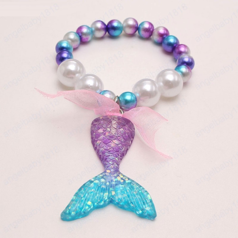Charming Baby Girls Purple Mermaid Tail Pendant Necklace Bracelets Fashion Pearls Beaded Bangles For Kids Party Gift