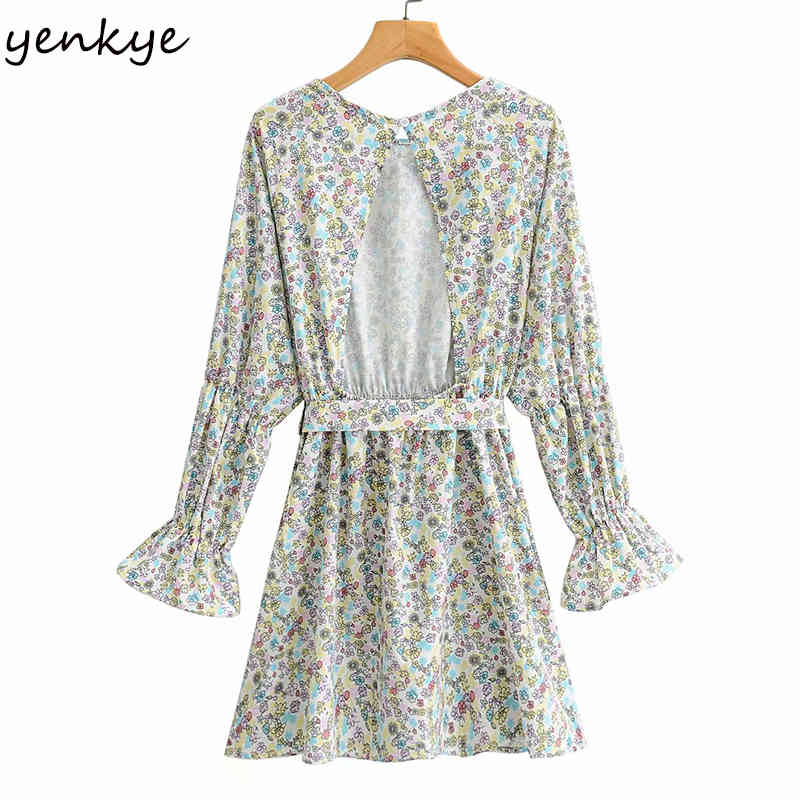 YENKYE Sexy Backless Sweet Floral Print Dress Women O Neck Long Sleeve With Belt A-line Female Dress Plus Size Summer Vestido 210515