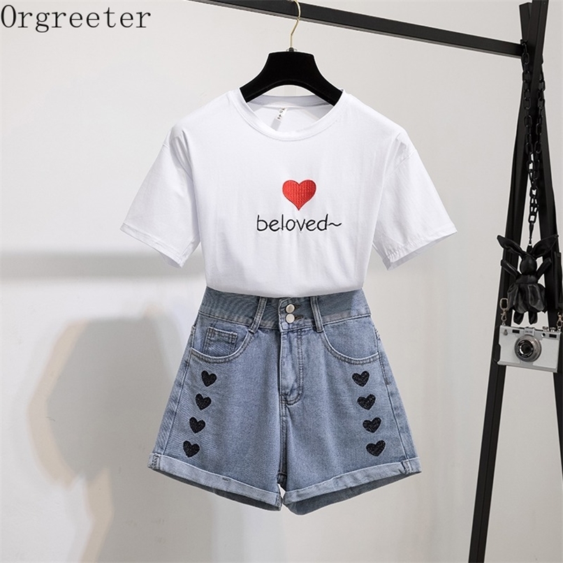 High Quality Love Pattern Embroidery Denim Shorts Women's Suits Short-sleeved Cotton Tshirt Summer Tw piece Set Female 210602, Only white tshirt
High Quality Love Pattern Embroidery Denim Shorts Women's Suits Short-sleeved Cotton Tshirt Summer Tw piece Set Female 210602, Only white tshirt