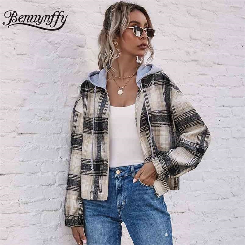 Hooded Drawstring Plaid Coat Women Drop Long Sleeve Zipper Jacket Autumn Fashion Loose Short Casual Female Outwear 210510