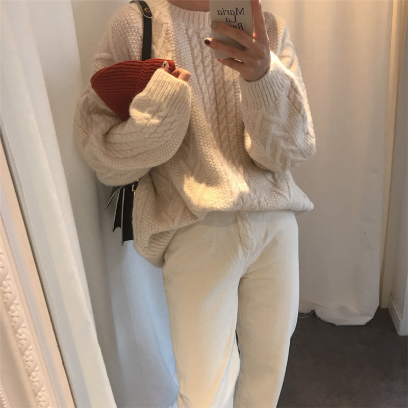 Sweet Beige Women Thicken Lazy Style Warm Large Size Fresh Casual All-Match Loose Basic Pullovers Knitted Sweaters 210421