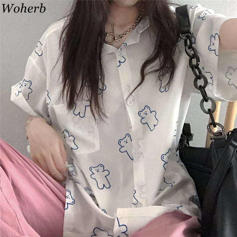 Cartoon Bear Print Blouse Women Korean Chic Short Sleeve Cute Blusa Shirt Kawaii Casual Fashion Lady Tops Clothes 210519