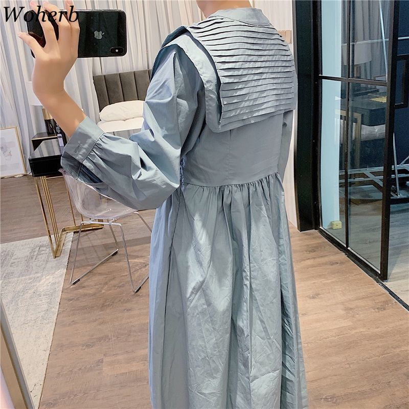 Korean Fashion Loose Long-sleeved Dress Women's Spring Summer Gothic Pleated Midi Dresses Vestido Feminino 210519