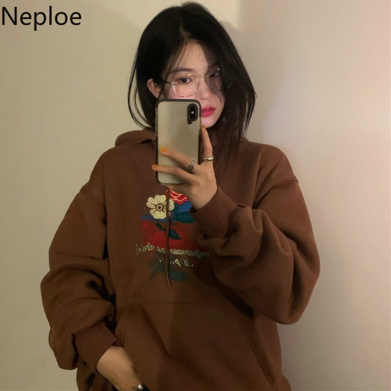 Neploe Rose Embroidery Sweatshirt Women Winter Clothes Vintage Hooded Oversized Outwear Streetwear Chic Fleece Hoodies Female 210422