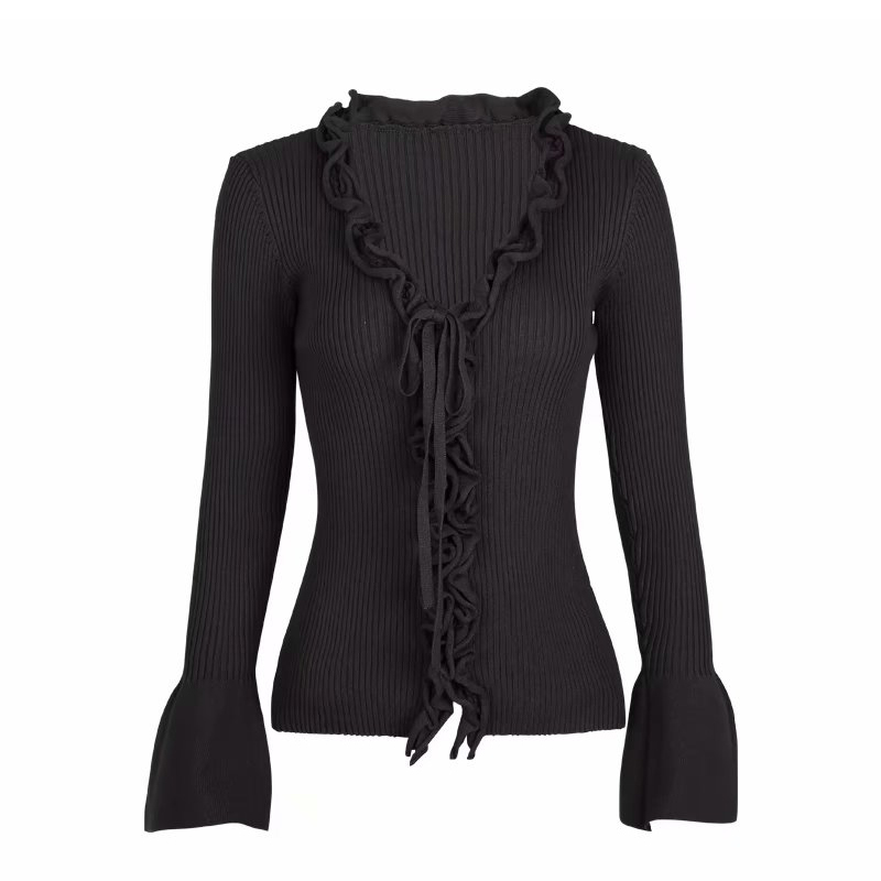 Fall Arrival Slim V-Neck Ruffle Women Buttons Sweater Elastic Flare Sleeve Knitted Cardigans Long Tops C-162 210522